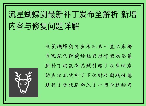 流星蝴蝶剑最新补丁发布全解析 新增内容与修复问题详解